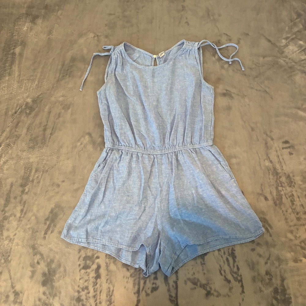 Old Navy Romper Womens S Blue Linen Blend Sleeveless Shoulder Tie Casual